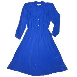 Vintage 80s Royal Blue Long Slv Maxi Button Dress Sz 14 Career Teacher Academia